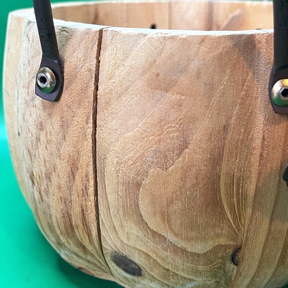 Rustic Handmade Wood Pumpkin Bowl Basket Metal Leaf Handles Fall Farmhouse - Picture 10 of 12